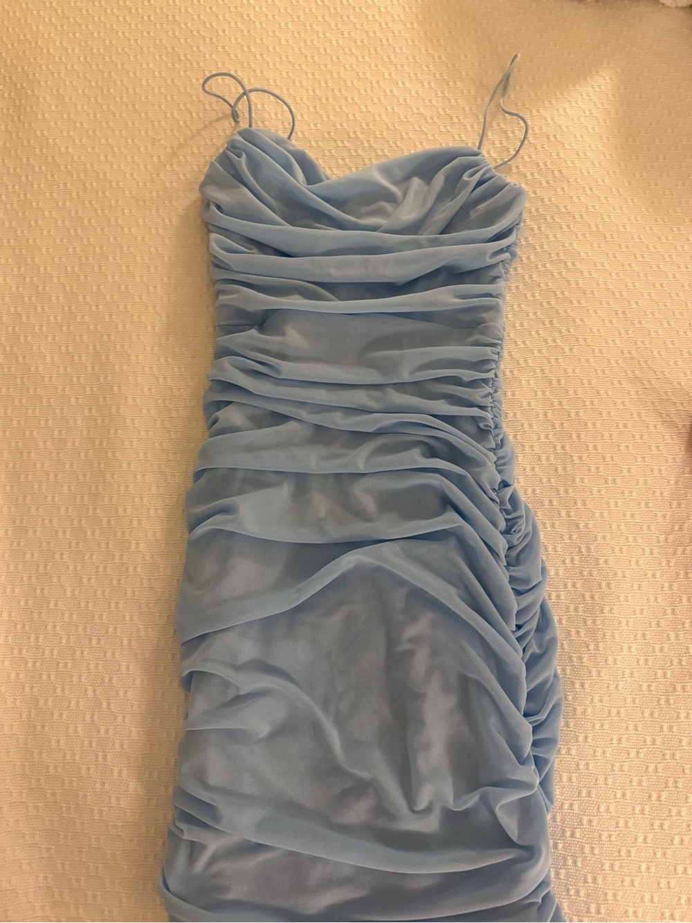 Hello Molly Baby Blue Ruched Spaghetti Strap Mini Dress
